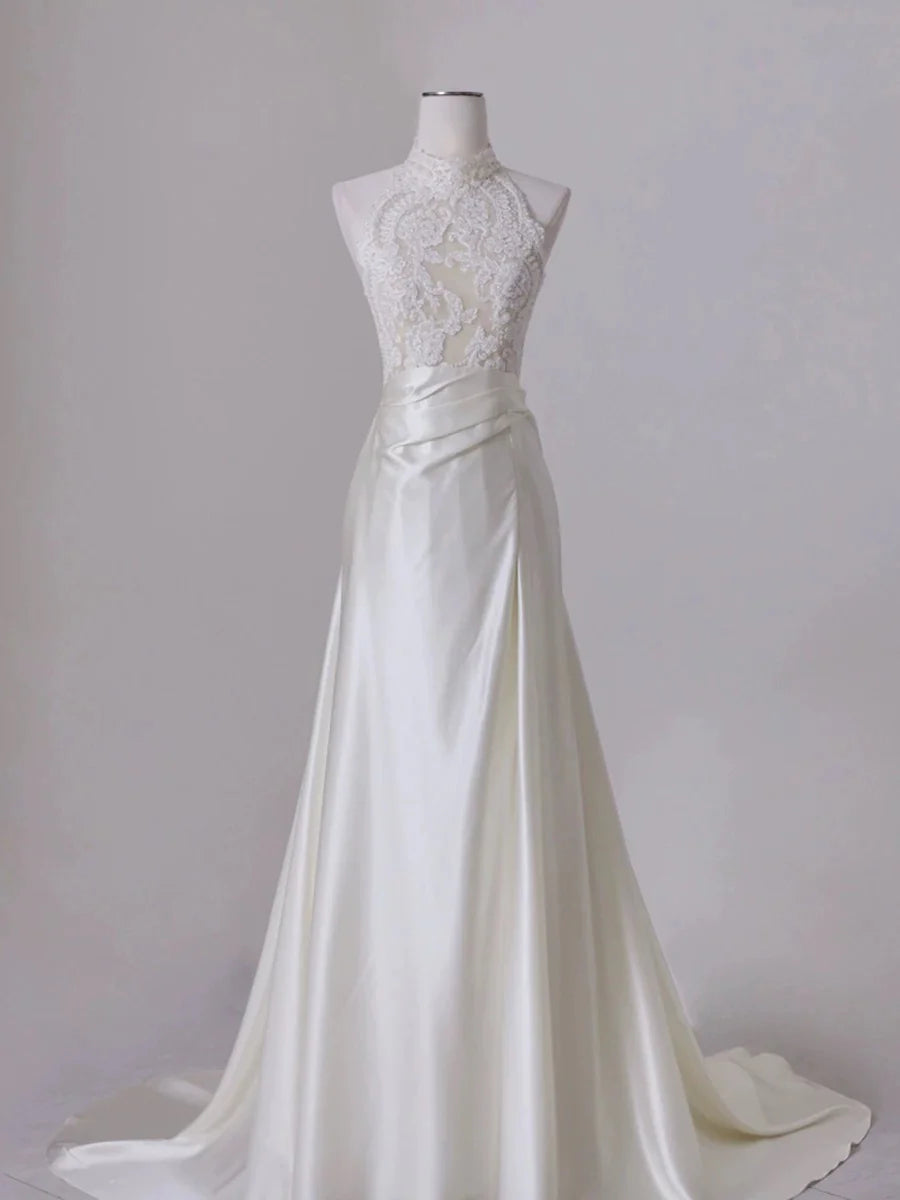 Buyishang Chic A line High Neckline Sleeveless White Satin Wedding Dresses With Ruffles dress for wedding